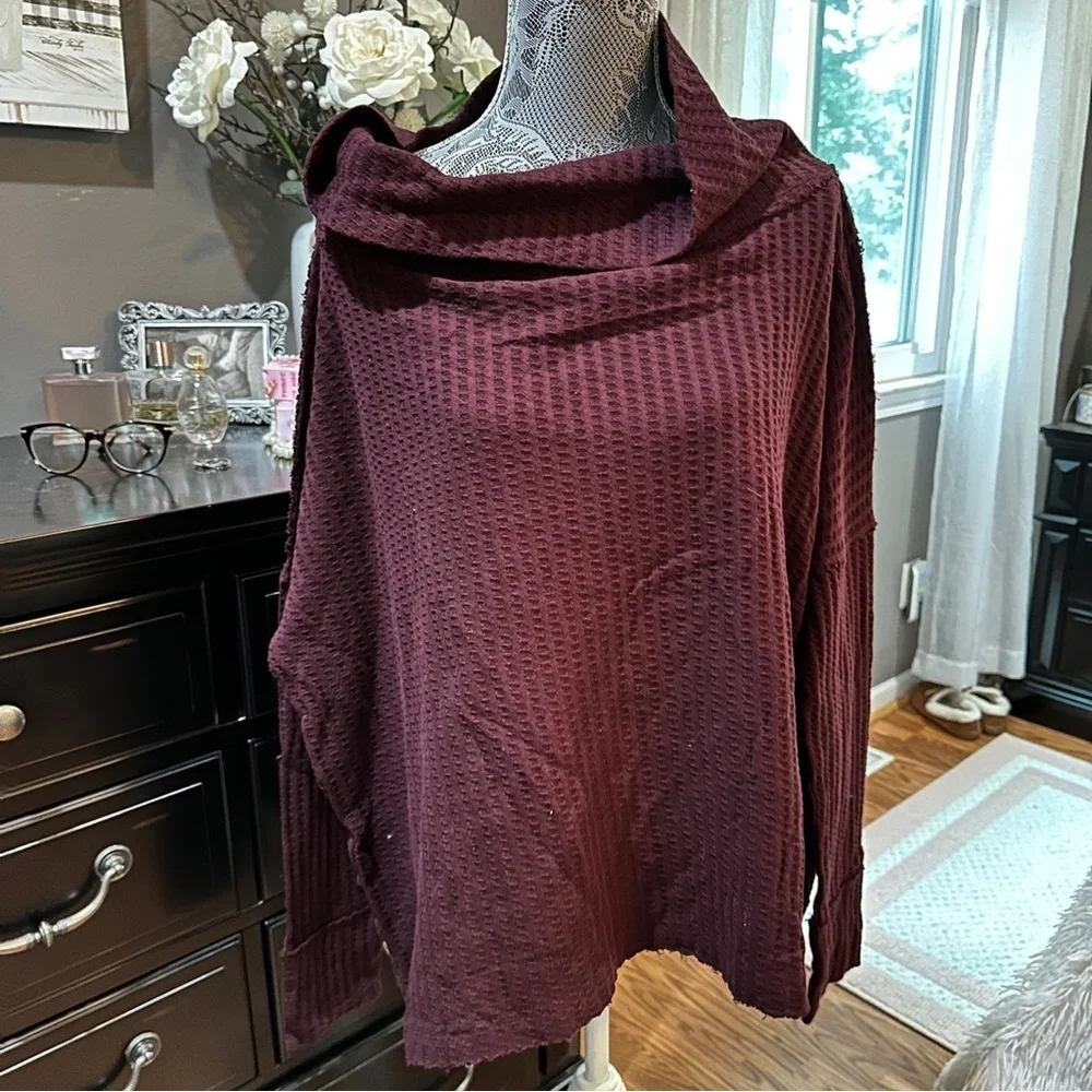 Free People Date Night Waffle Knit Cowl Neck Top Burgundy Size M (NWT)